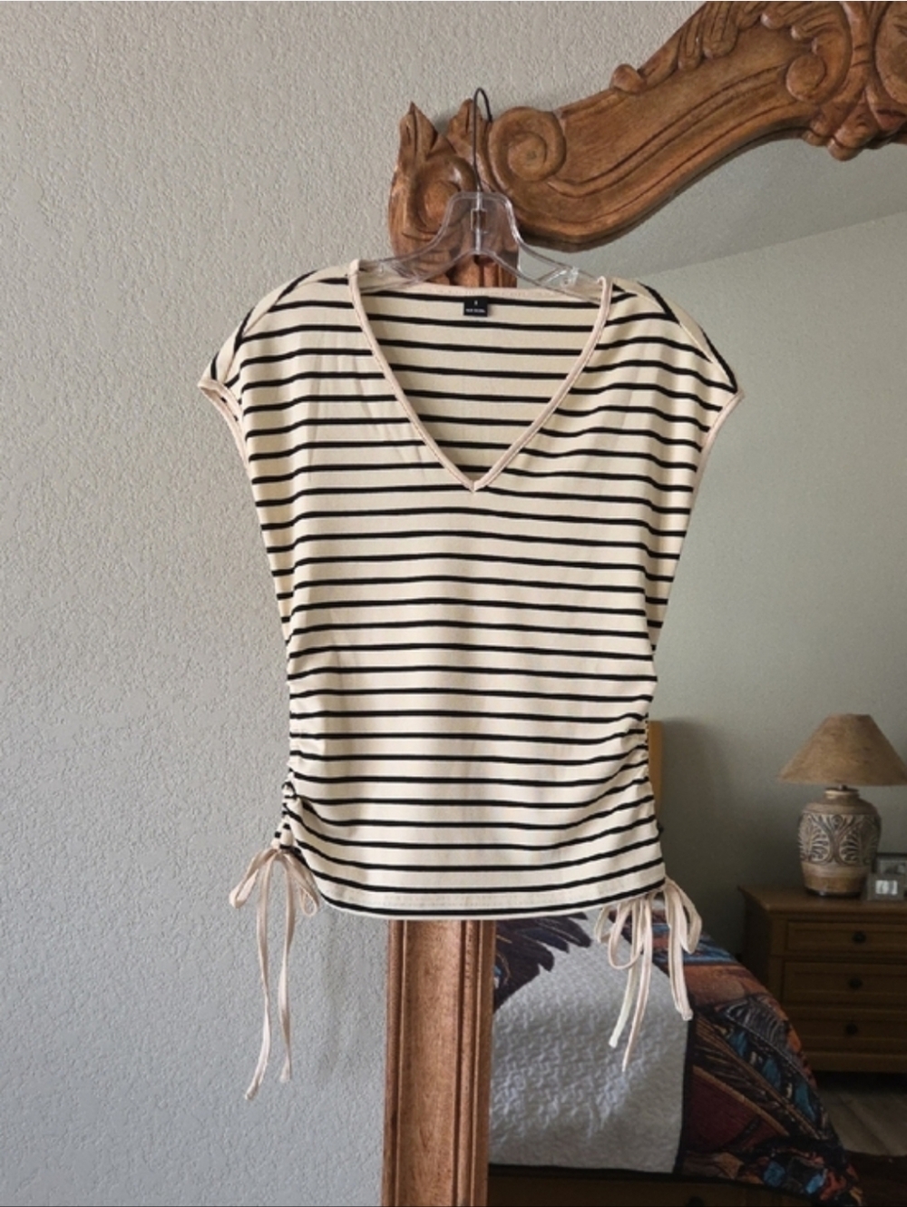 Women's Striped V-Neck Side-Tie Top - Cream/Black - Picture 2 of 6